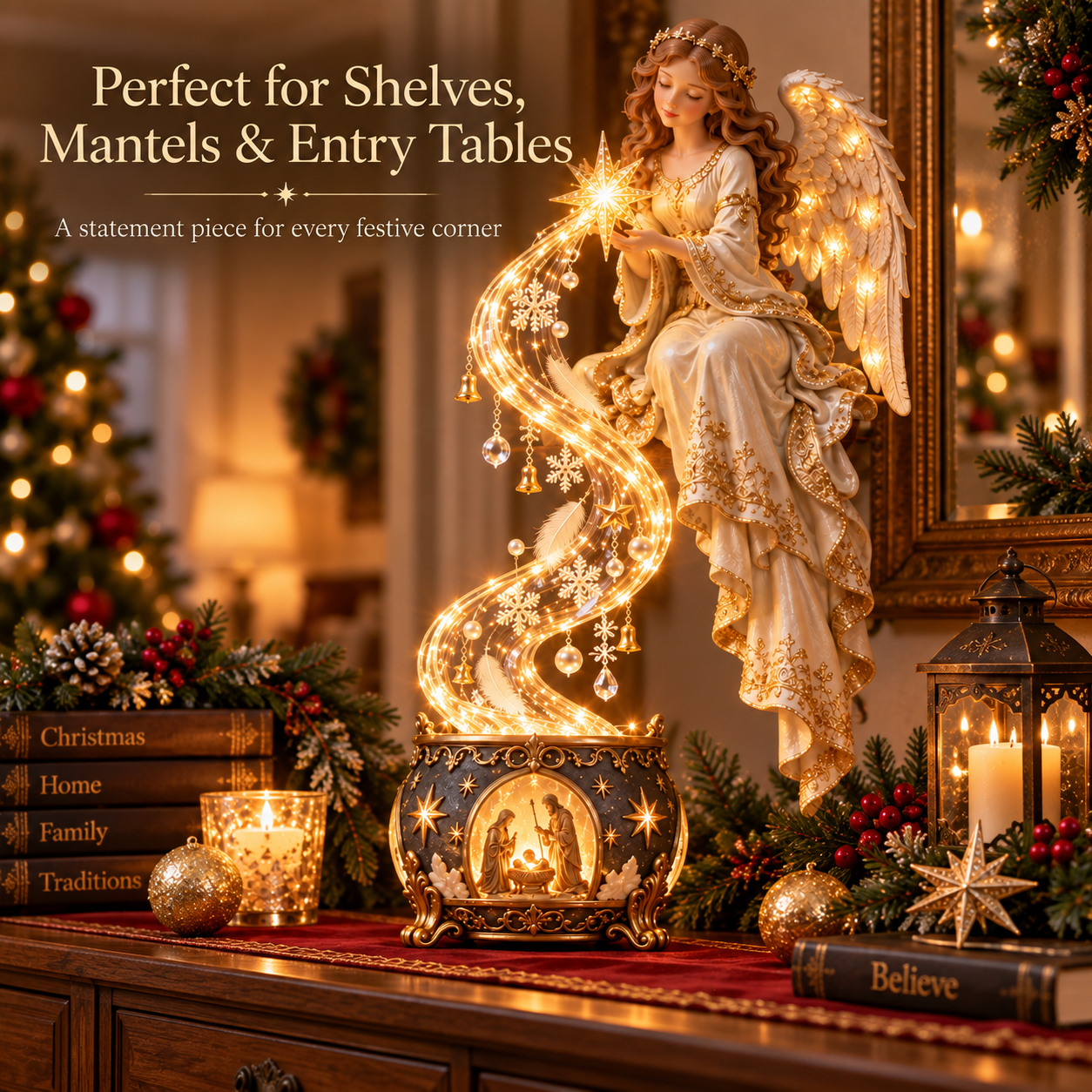 Angel Nativity Starfall Light on Christmas entry table