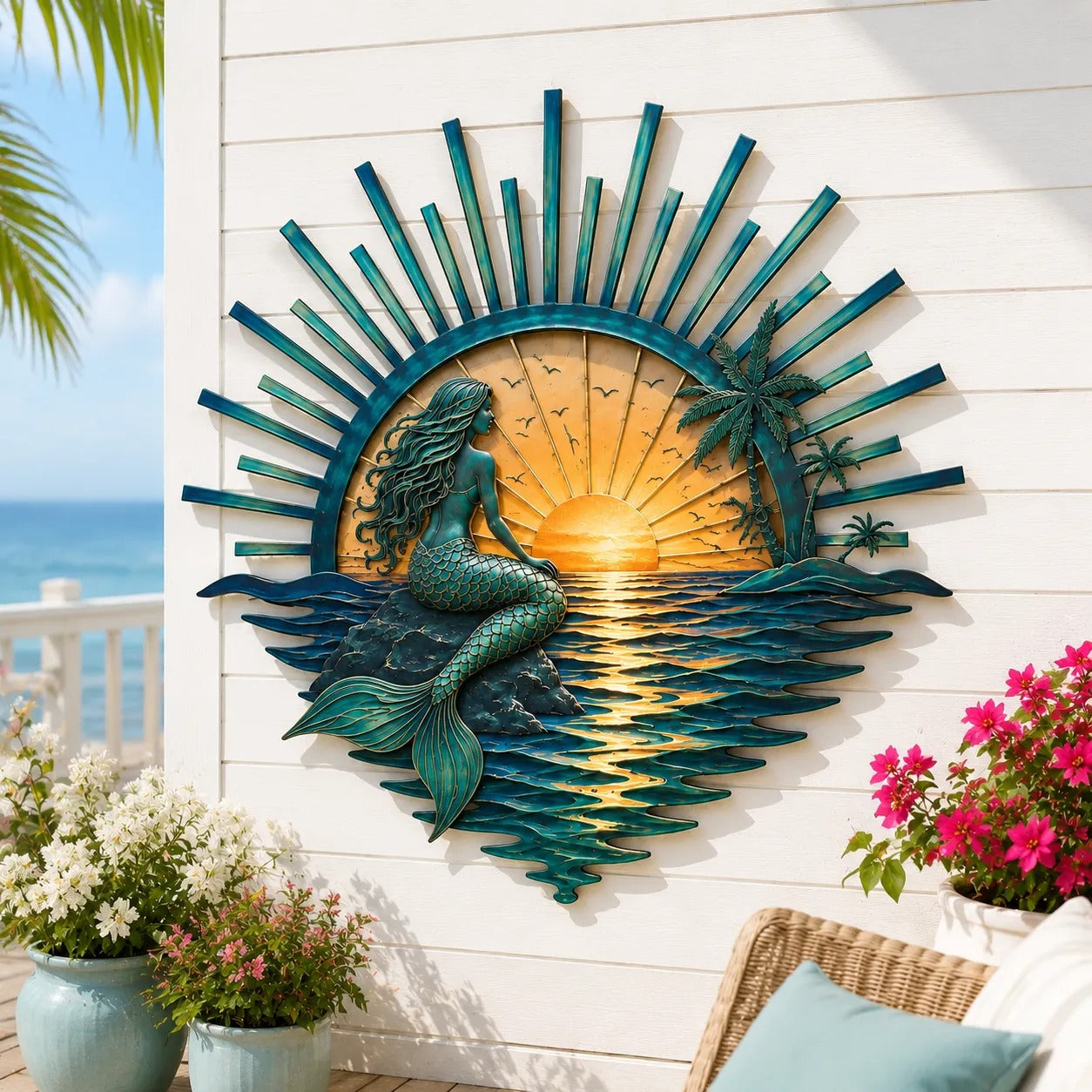 ⏳ Last Day 49% OFF – 🌊 Coastal Sunrise Metal Wall Art | Mermaid, Lighthouse & Sea Turtle Ocean Décor for Patio, Porch & Beach House 🐚