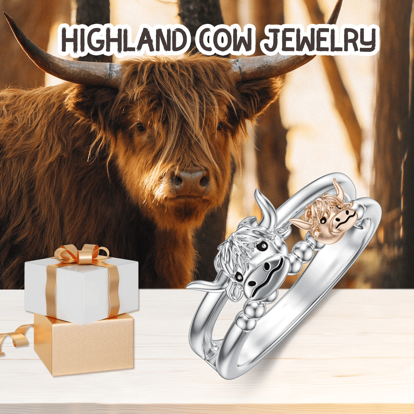 🔥LAST DAY 70% OFF 💕 ✨ Handcrafted Highland Cow Adjustable Ring