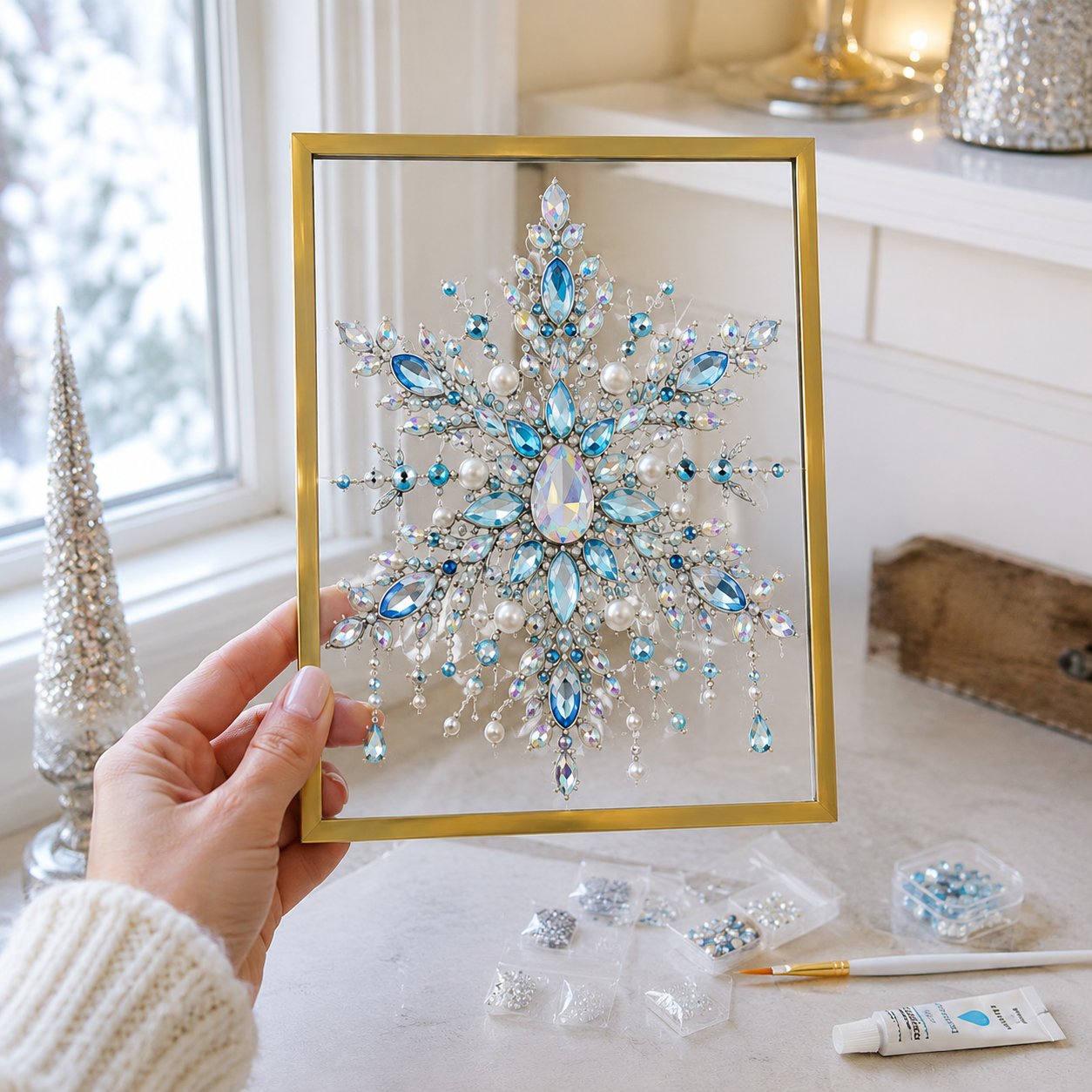 🔥 LAST DAY 49% OFF – 🎄 DIY Jeweled Christmas Tree Art Kit | Colorful Gems, Pearls, Paints & Gold-Tone Floating Display Frame 💎✨