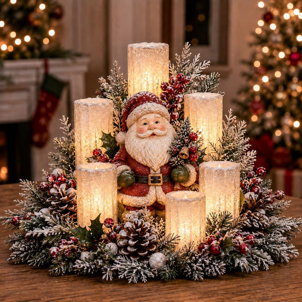 Santa Christmas lighted centerpiece with flameless candle glow