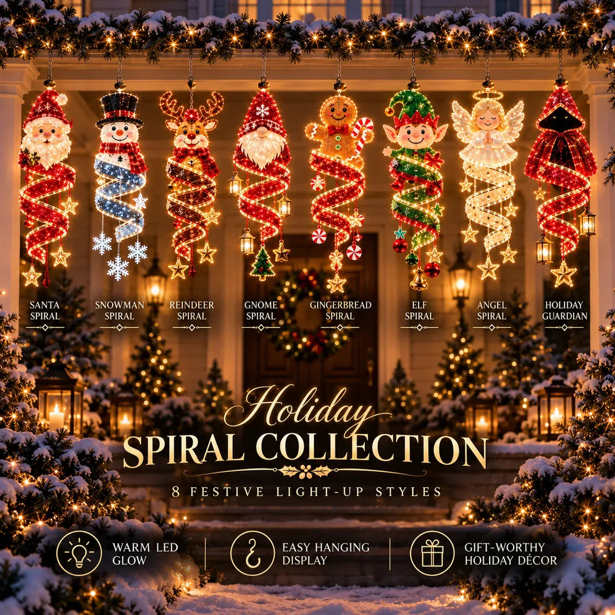 ⏳ Last Day 49% OFF – 🎄Christmas Magic Spiral™ Hanging LED Light Collection – 9 Festive Designs ✨ | Suspended Glowing Characters with Spiral Lights & Hanging Details for Porches, Windows, Entryways & Holiday Displays