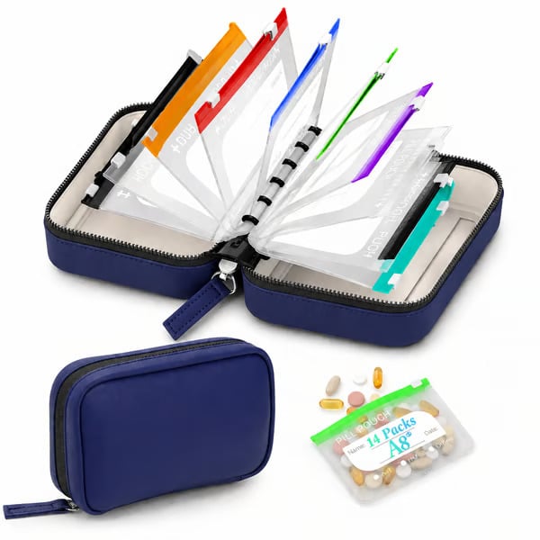 💊 A8 Waterproof Pill Organizer – 14 Large Zippered Pouches for A8 Binder