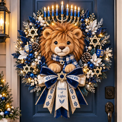 🦁 Lion of Judah Hanukkah Lighted Wreath - A Warm & Meaningful Welcome for the Festival of Lights ✨