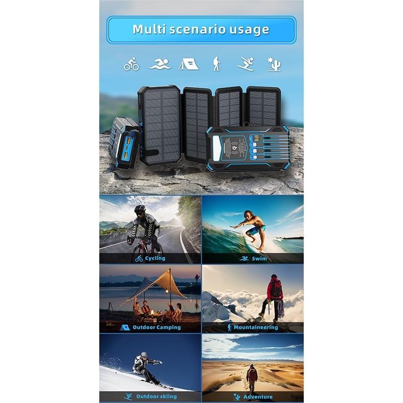 🎄20000mAh Solar Power Bank with Foldable Panels, Wireless Charging & LED Flashlight