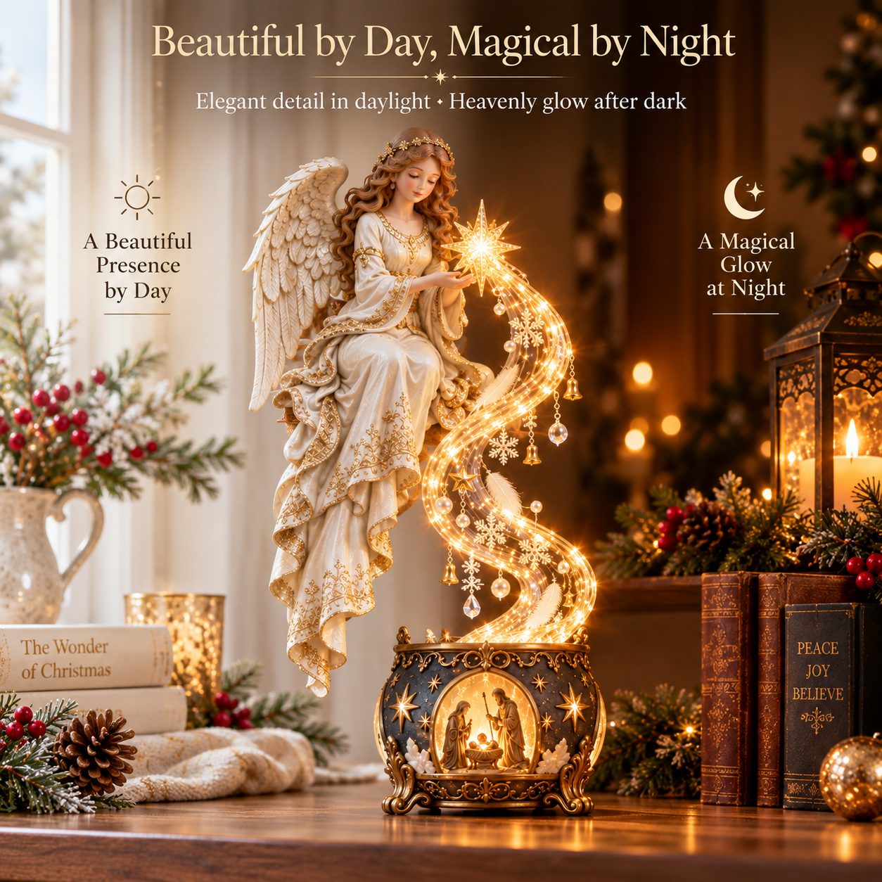 Angel Christmas decor beautiful by day and glowing at night