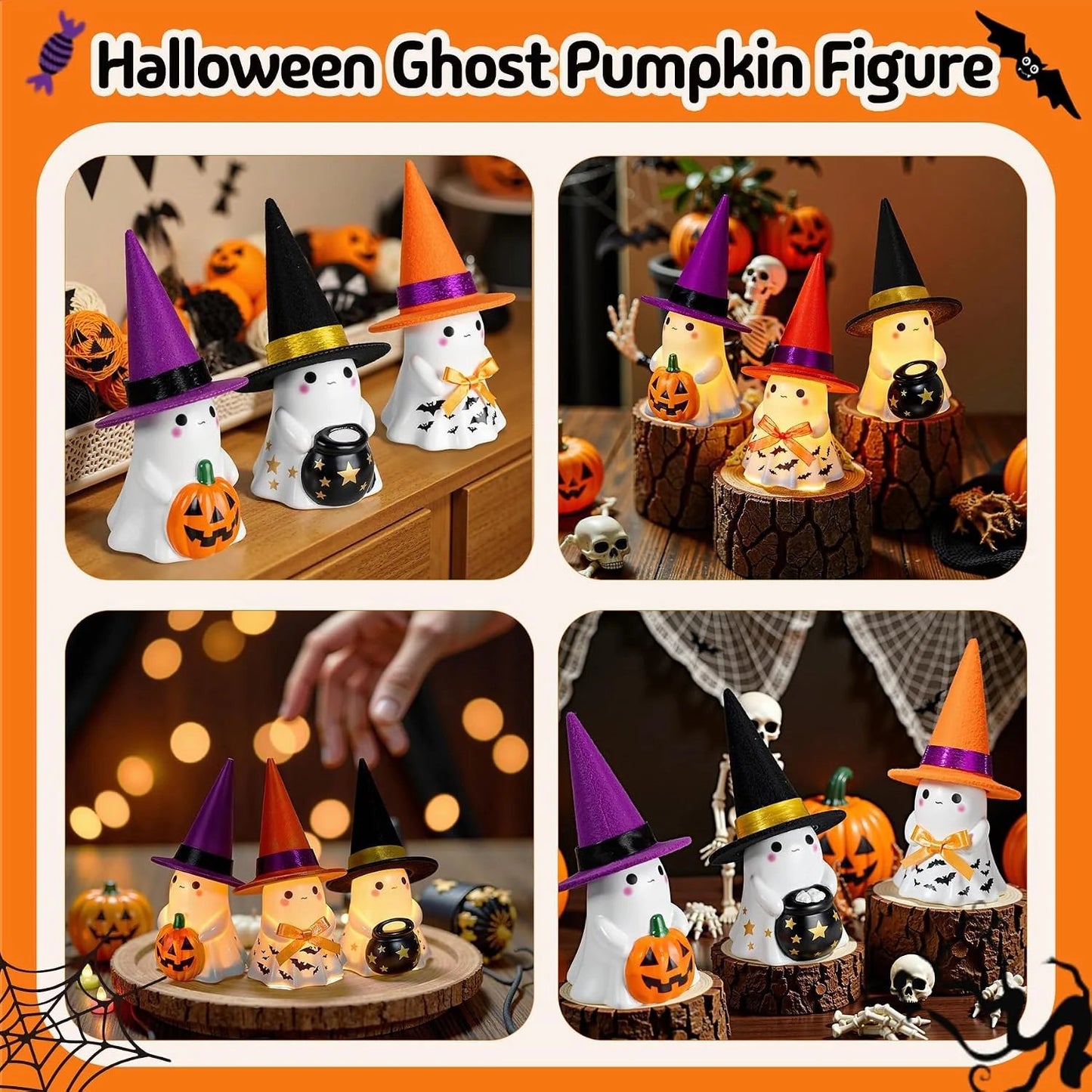 👻🌟3Pcs Light-up Ceramic Ghost Halloween Decor | Cute Ghost Figurines with Colorful Witch Hats