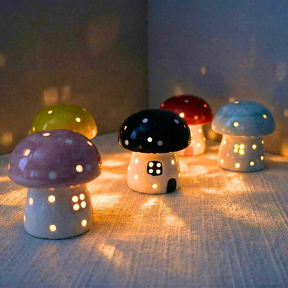 Mushroom Ceramic Night Light, Handmade Glowing Mushroom House Lamp