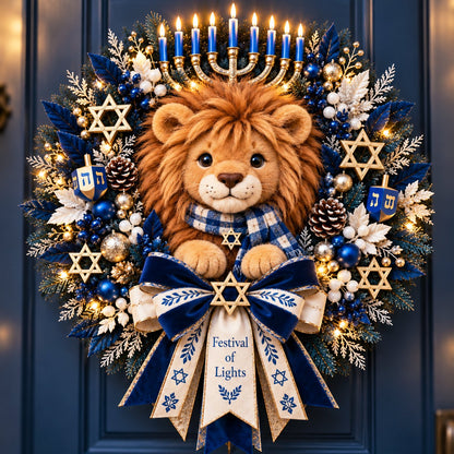 🦁 Lion of Judah Hanukkah Lighted Wreath - A Warm & Meaningful Welcome for the Festival of Lights ✨