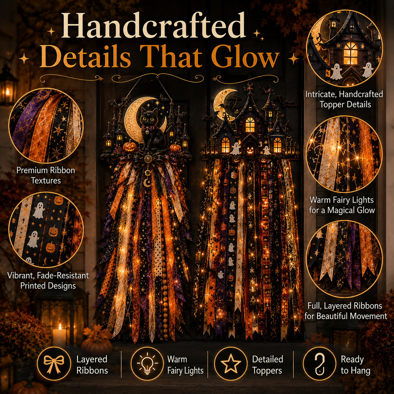 🎃 Lighted Halloween Ribbon Cascade™ – Handmade Door & Porch Decor