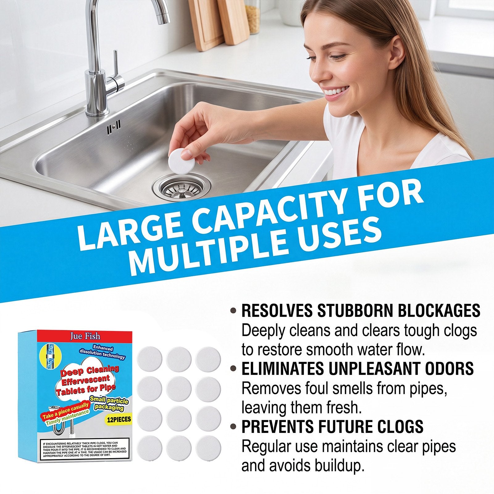 🔥HOT SALE🔥🔥49% OFF ❤️Powerful Cleaning Effervescent Tablets for Pipe, Fast Dissolve Hair Grease Clogs, Deodorizing Antibacterial Pipe Cleaner for Sink Toilet Floor Drain