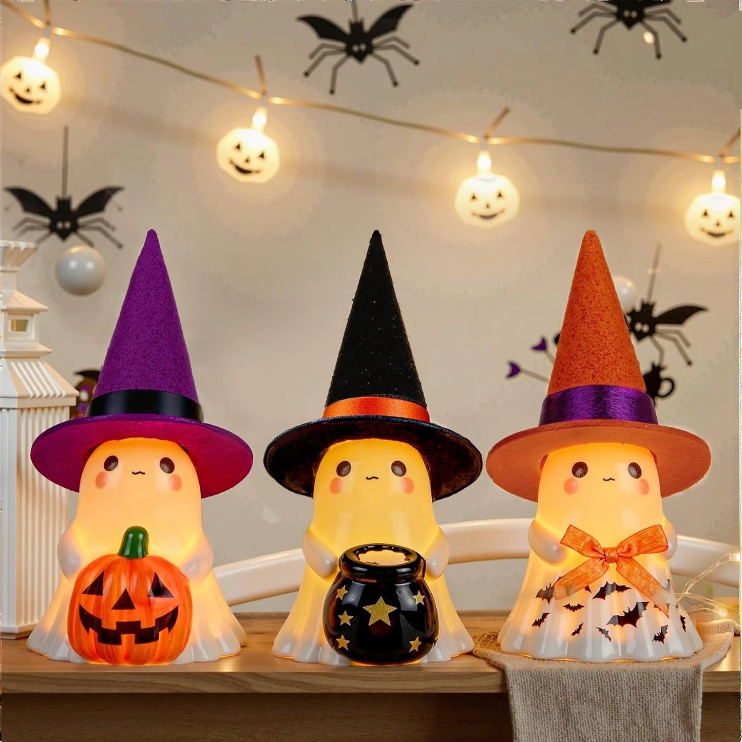 👻🌟3Pcs Light-up Ceramic Ghost Halloween Decor | Cute Ghost Figurines with Colorful Witch Hats