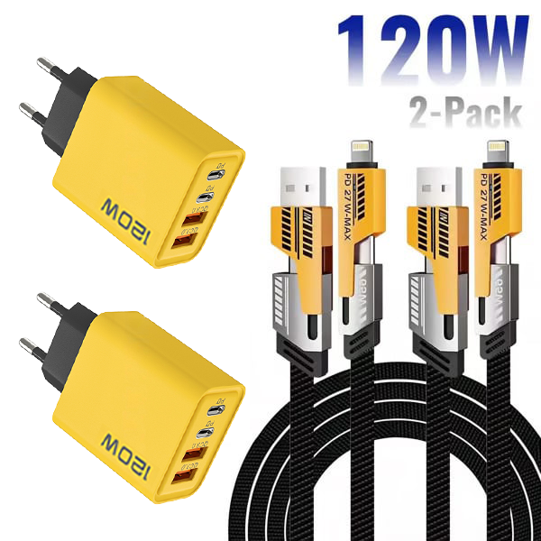 ⚡Buy 1 Get 1 Free(2 Pcs)⚡Portable Fast Charger, Type C/USB A Dual Ports Adapter,4 in 1 Fast Charging Cable & Data Sync