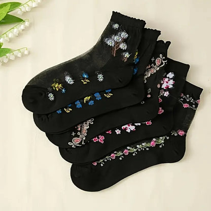 🌸10 Pairs Floral Pattern Glass Stockings 💐 - Bright Color Mid-Tube Socks, Soft Breathable & All-Day Comfort