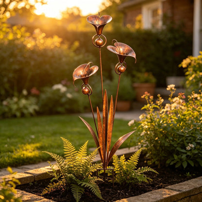 🌿Flamed Copper Three Calla Lilies Garden Stake with Bells