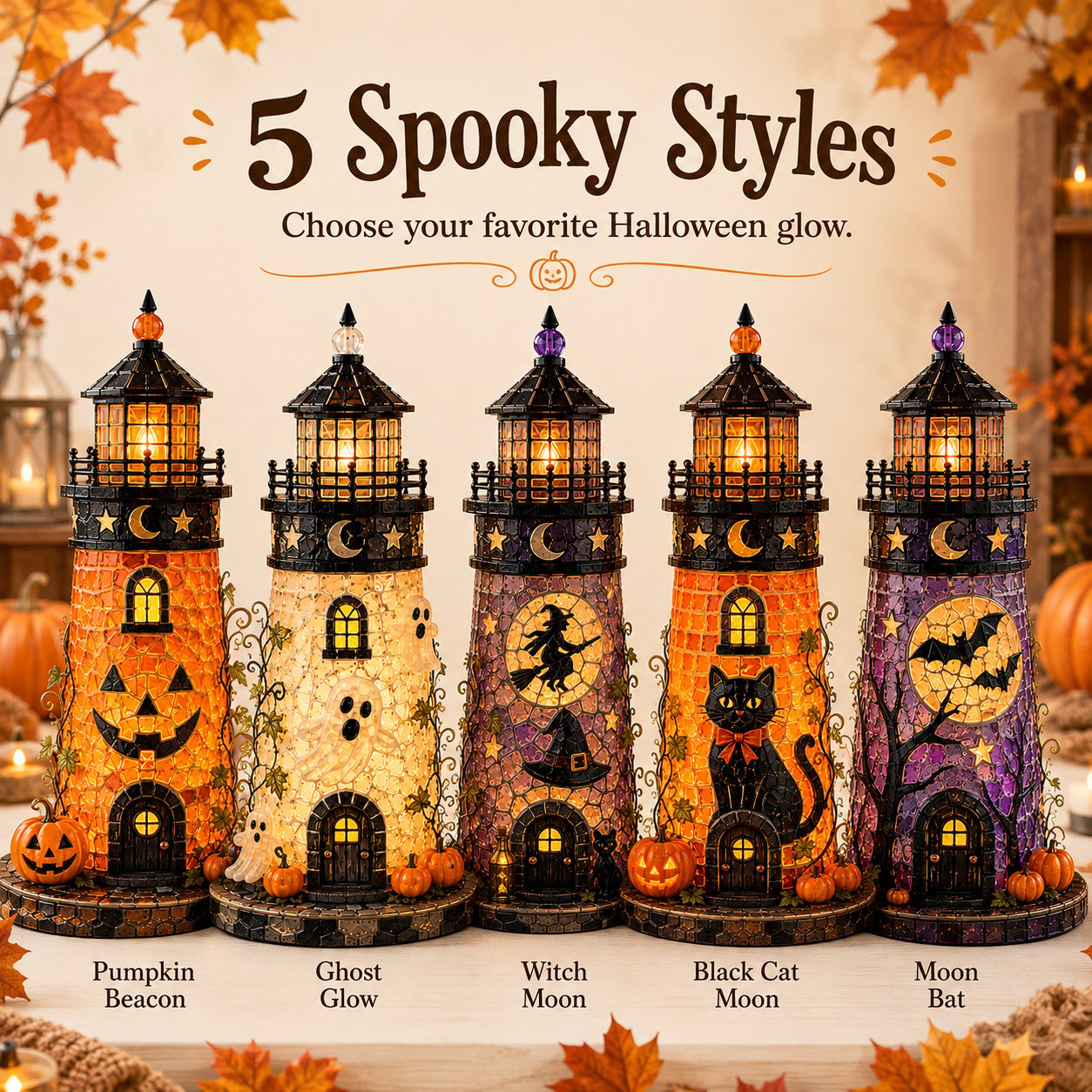 🎃 Beginner-Friendly Lighted Halloween Lighthouse DIY Kit – Sea Glass-Style Mosaic Collection