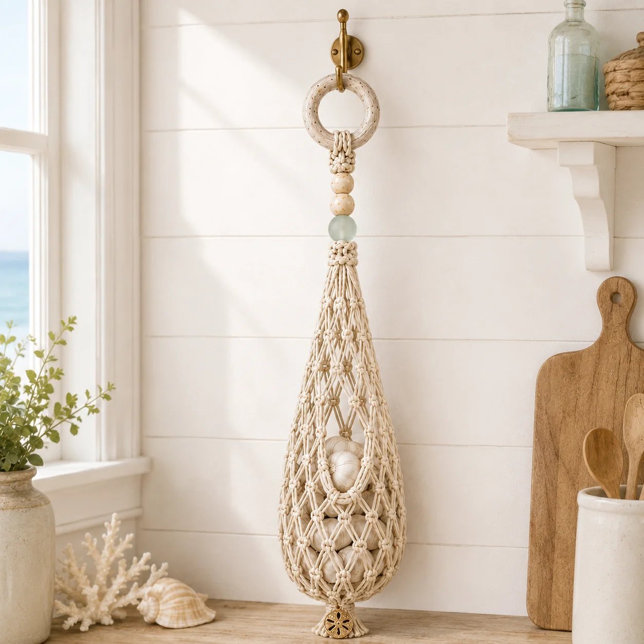 🌊🥔 Coastal Hanging Produce Storage – Handwoven Breathable Organizer with Easy Side Access