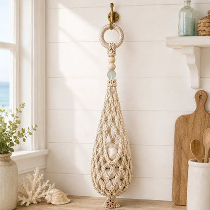 🌊🥔 Coastal Hanging Produce Storage – Handwoven Breathable Organizer with Easy Side Access