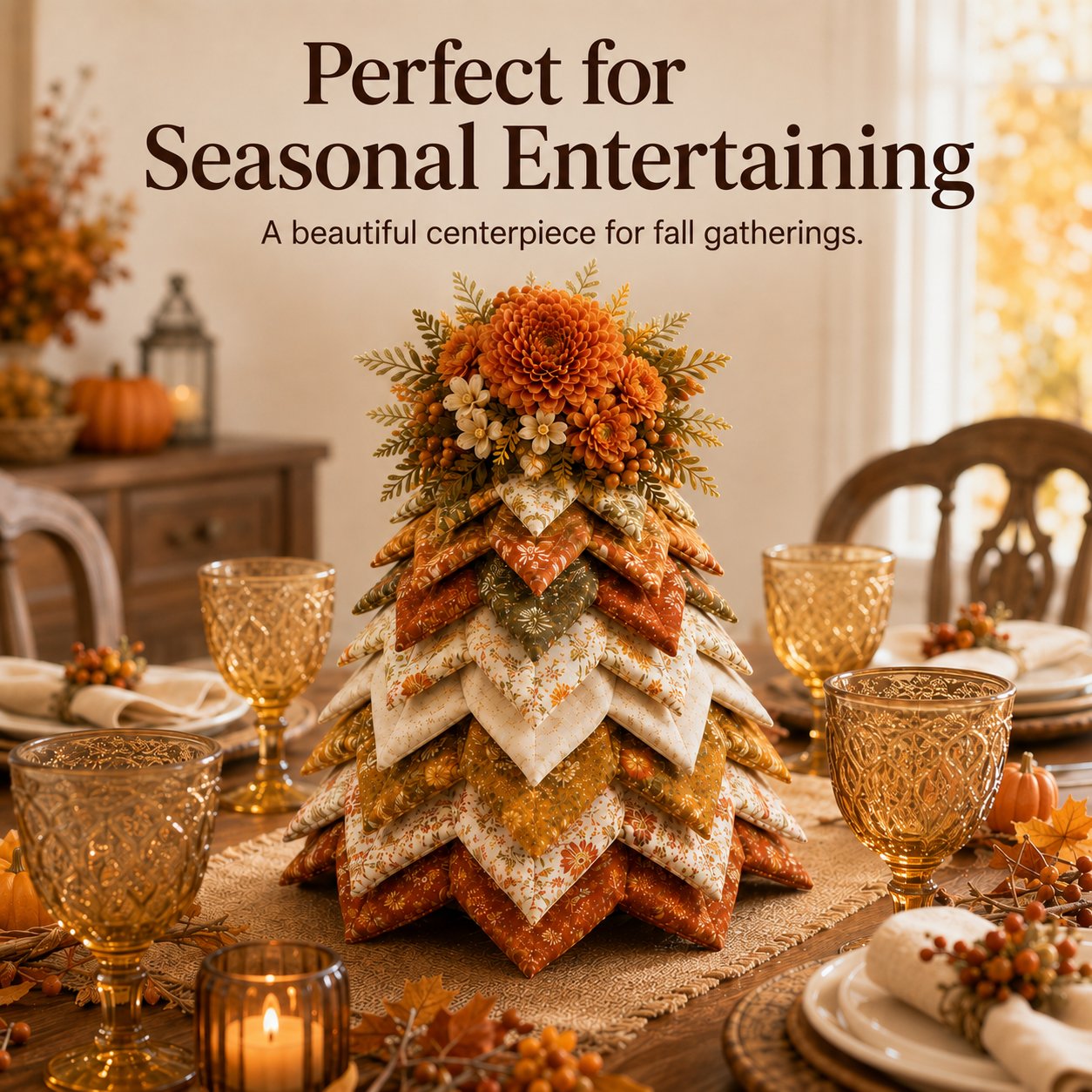 🍂 Beginner-Friendly DIY Fabric Patchwork Fall Tree Kit | Coordinated Autumn Fabrics, Cone Base, Securing Pins & Floral Topper Included 🌼✨