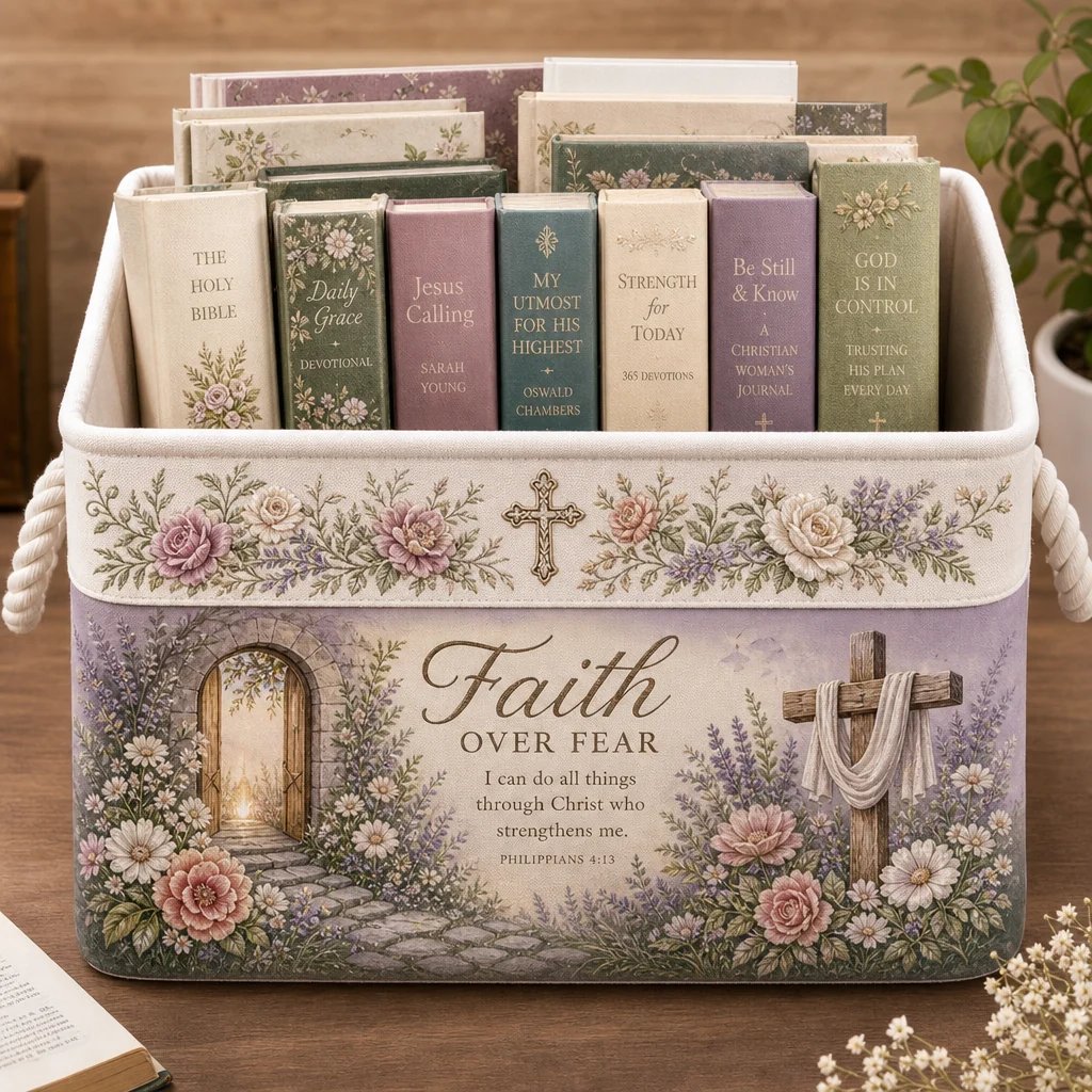 🔥 LAST DAY 49% OFF – ✝️ Christian Faith Inspirational Storage Basket | Spacious Foldable Fabric Organizer with Rope Handles & 3 Scripture Designs 🌿✨