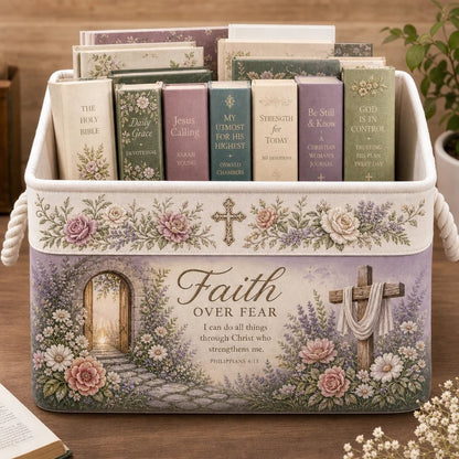 🔥 LAST DAY 49% OFF – ✝️ Christian Faith Inspirational Storage Basket | Spacious Foldable Fabric Organizer with Rope Handles & 3 Scripture Designs 🌿✨