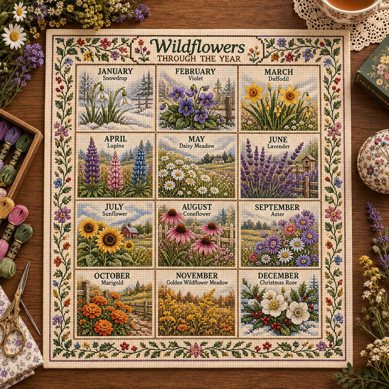 🧵 Beginner-Friendly 12-Month Seasonal Embroidery DIY Kit | 8 Theme Collections with Pre-Printed Fabric, Floss, Needles & Complete Stitching Guide Included 💕