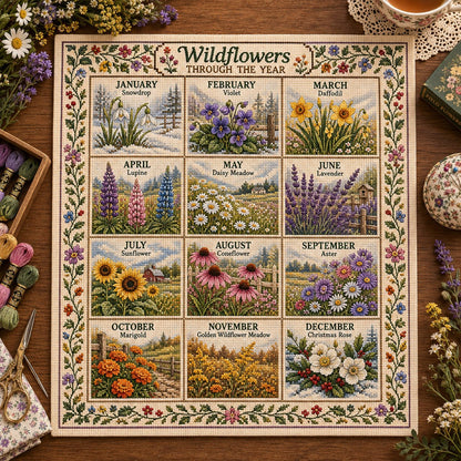 🧵 Beginner-Friendly 12-Month Seasonal Embroidery DIY Kit | 8 Theme Collections with Pre-Printed Fabric, Floss, Needles & Complete Stitching Guide Included 💕