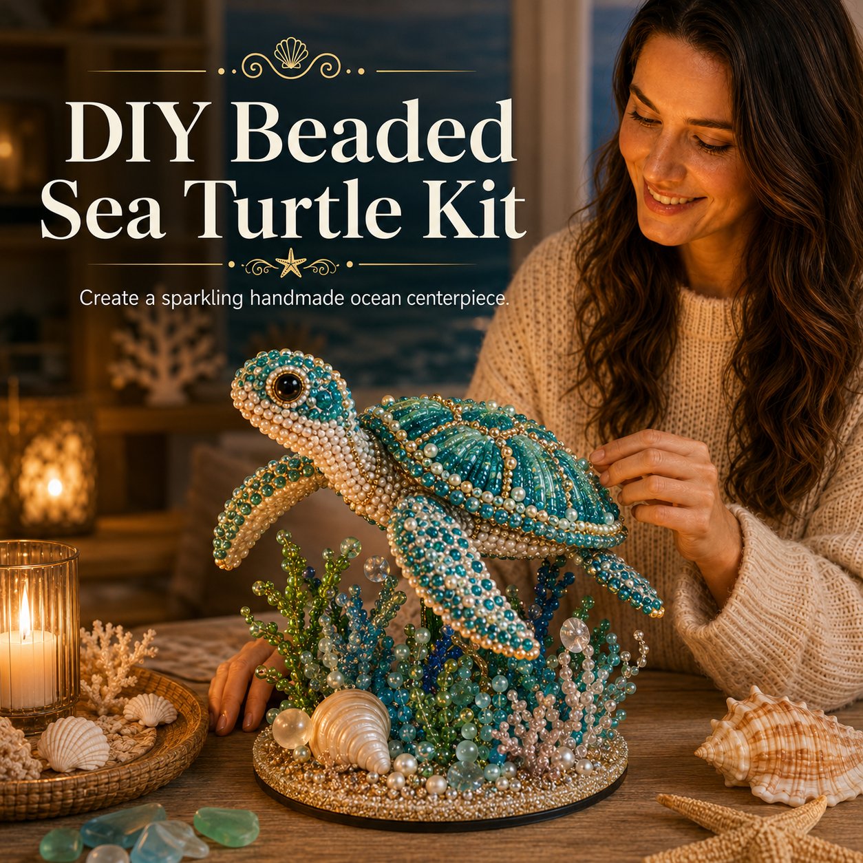 🔥LAST DAY 50% OFF -  🌊 Ocean Sparkle Animal Craft Kit | Create a Dimensional Underwater Centerpiece with Colorful Beads, Pearls & Coastal Details 🐚✨