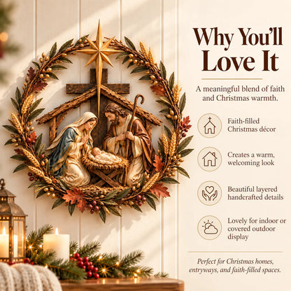 ✝️🍂 Autumn Nativity Cross Metal Wall Decor – Rustic Holy Family Harvest Wreath