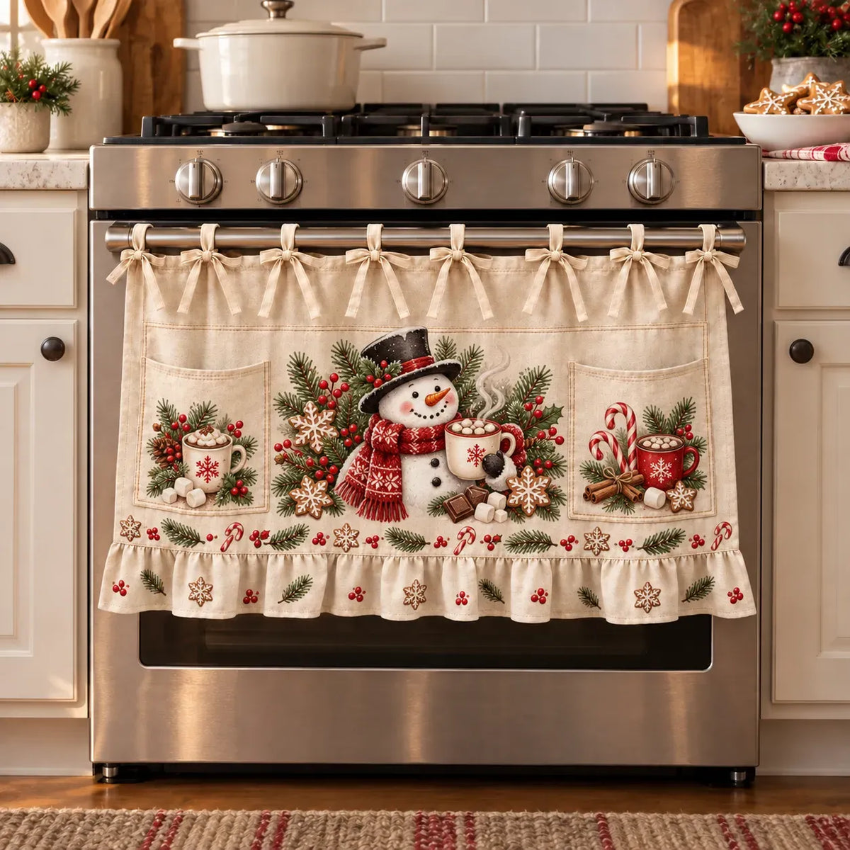 ⏳ Last Day 49% OFF – 🎄 Christmas Kitchen Tie-On Skirt | Festive Holiday Designs with Pockets & Ruffled Trim ✨