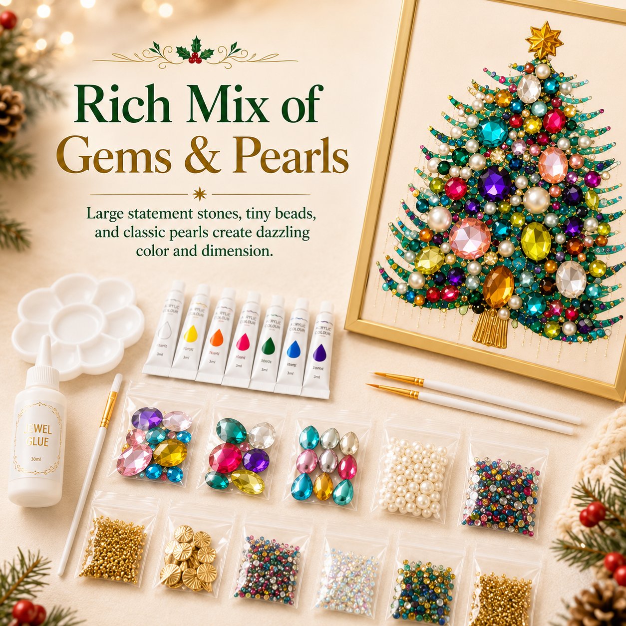 🔥 LAST DAY 49% OFF – 🎄 DIY Jeweled Christmas Tree Art Kit | Colorful Gems, Pearls, Paints & Gold-Tone Floating Display Frame 💎✨