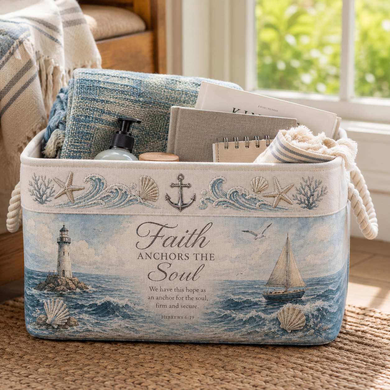 🔥 LAST DAY 49% OFF – ✝️ Christian Faith Inspirational Storage Basket | Spacious Foldable Fabric Organizer with Rope Handles & 3 Scripture Designs 🌿✨