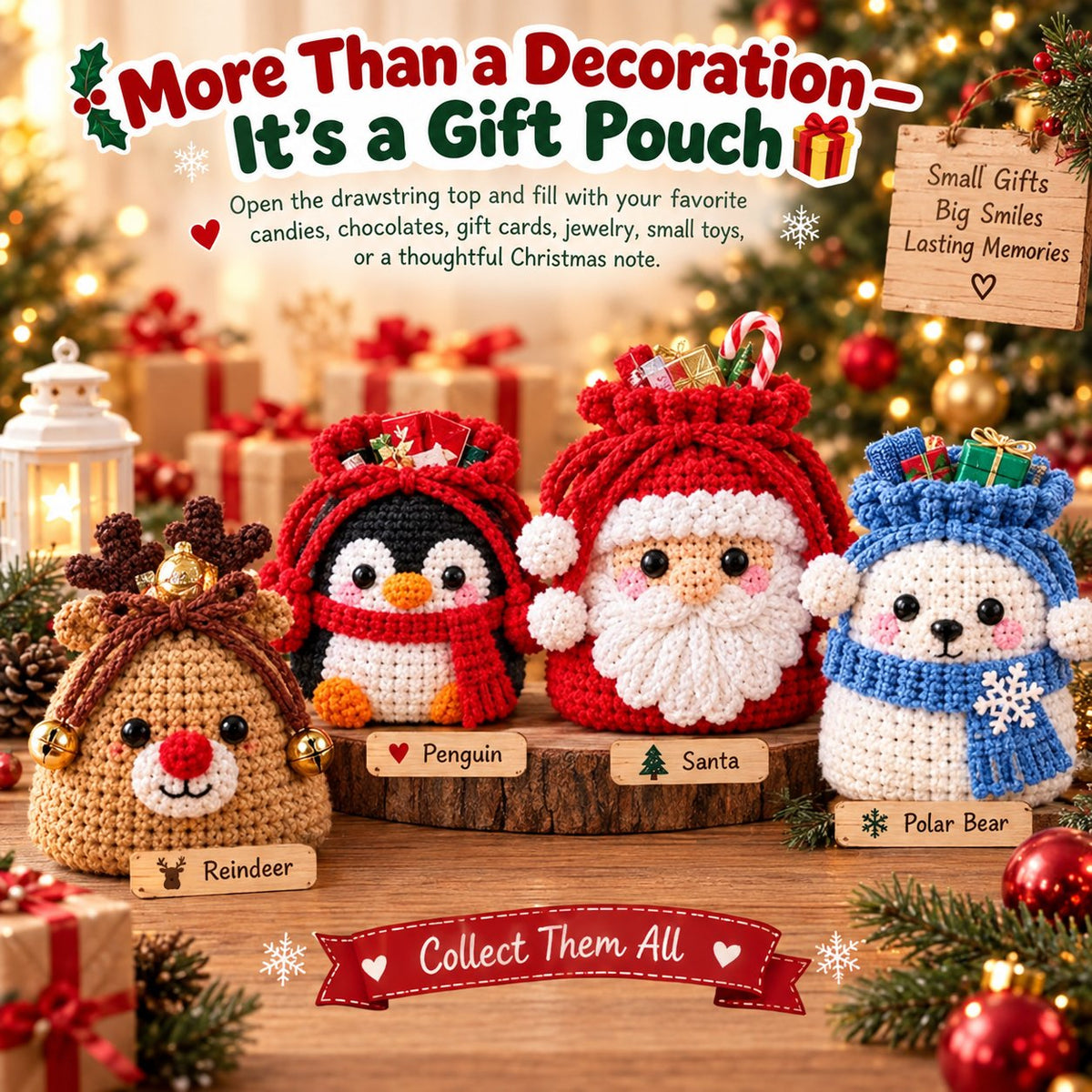 🎄 Christmas Crochet Character Gift Pouch | Reusable Drawstring Gift Bag