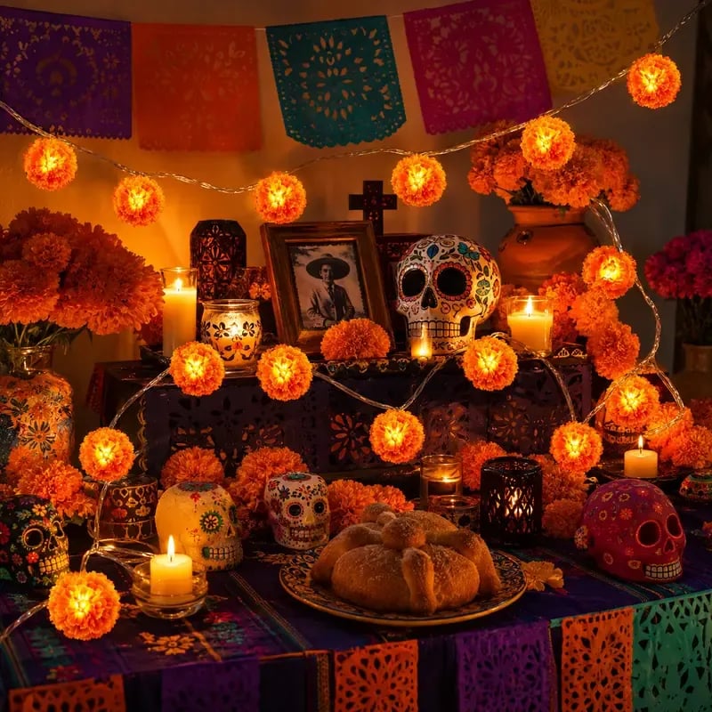 🔥Last Day 49% OFF -🏵️💀 Mexican Marigold Flower String Lights | 💕Death is not the end of life, forgetting is
