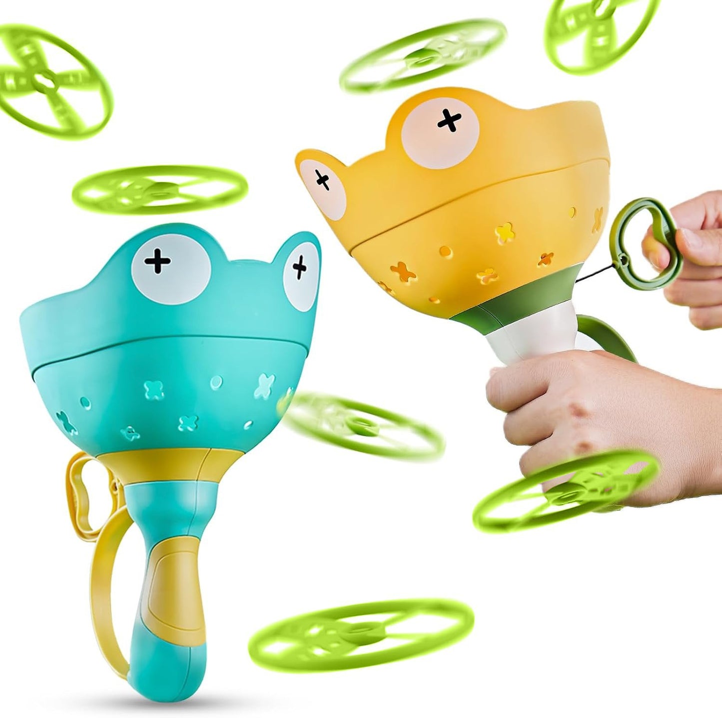 Flying Disc Launcher Toy (2 Packs), Manual Capture Catching Disk Game, Outdoor Toys for Kids Ages 4-8