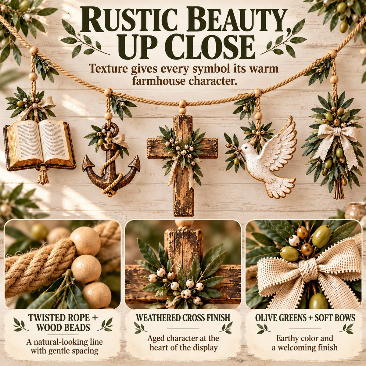 ⏳ Last Day 49% OFF – ✝️ Christian Faith & Hope Decorative Banner | 5 Meaningful Symbols with Rustic Farmhouse Charm 🌿