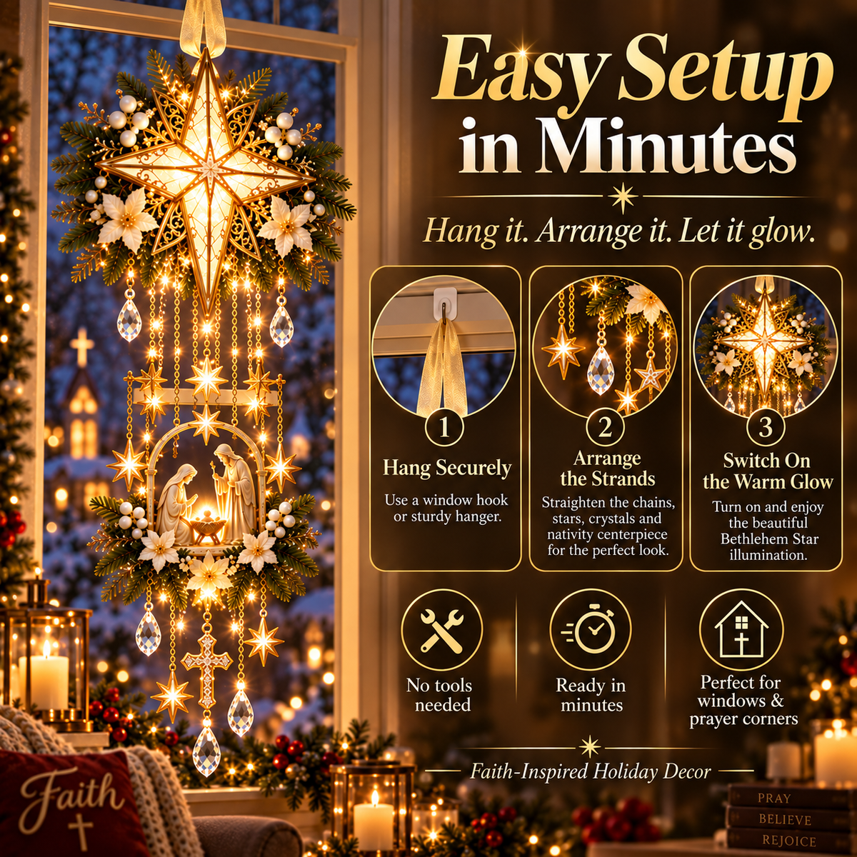 Three step setup for Bethlehem Star Window Light