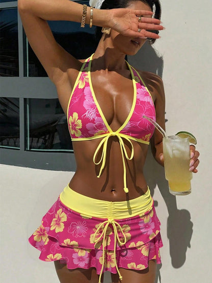 1960s Floral Print Tie-Front Layered Bikini Set
