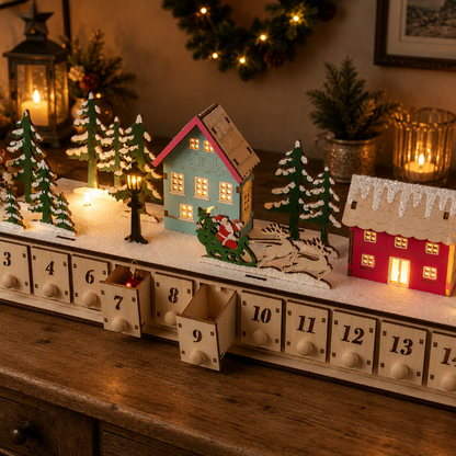 Home Reflections Christmas Village Advent Calendar – DIY Wooden Countdown Decoration with LED Lights, Music & 24 Gift Drawers