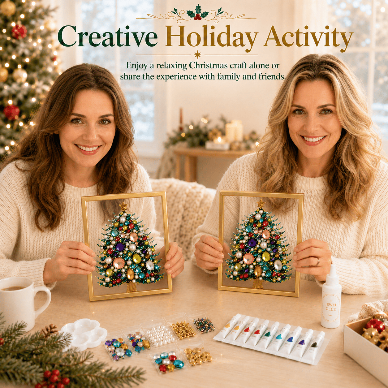 🔥 LAST DAY 49% OFF – 🎄 DIY Jeweled Christmas Tree Art Kit | Colorful Gems, Pearls, Paints & Gold-Tone Floating Display Frame 💎✨