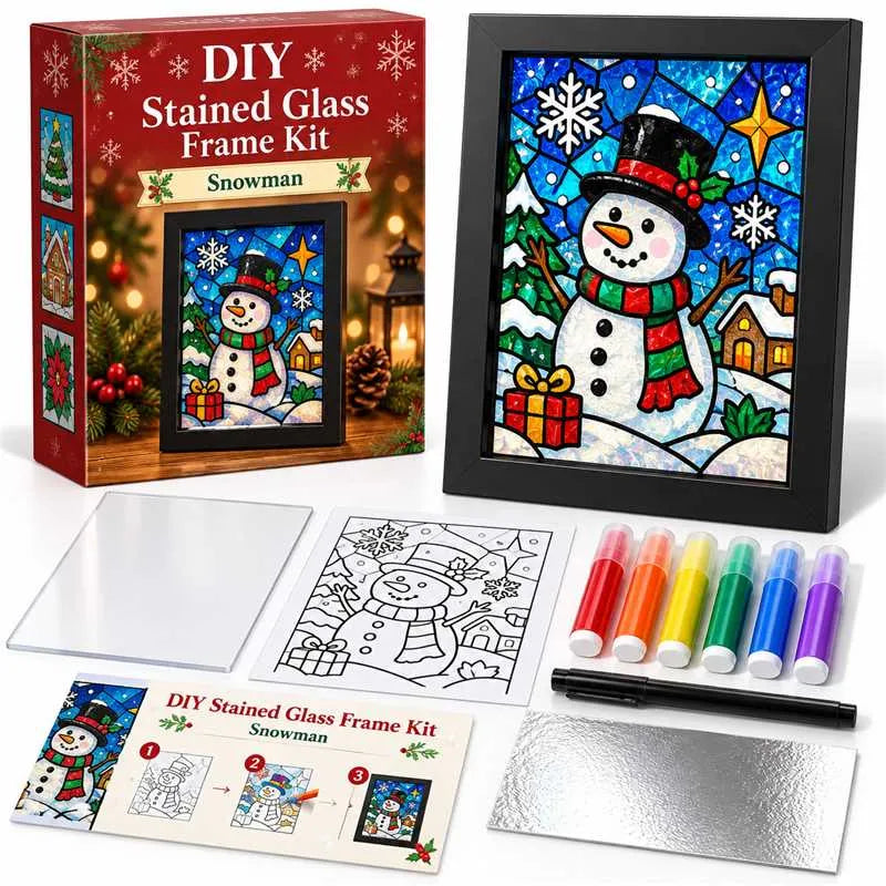 ⏳ Last Day 49% OFF – 🎄Beginner-Friendly Christmas Stained Glass-Style Frame Kit | 8 Festive Designs with Pens, Foil & Frame ✨