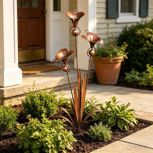 🌼🏡Flamed Copper Three Calla Lilies Garden Stake with Bells