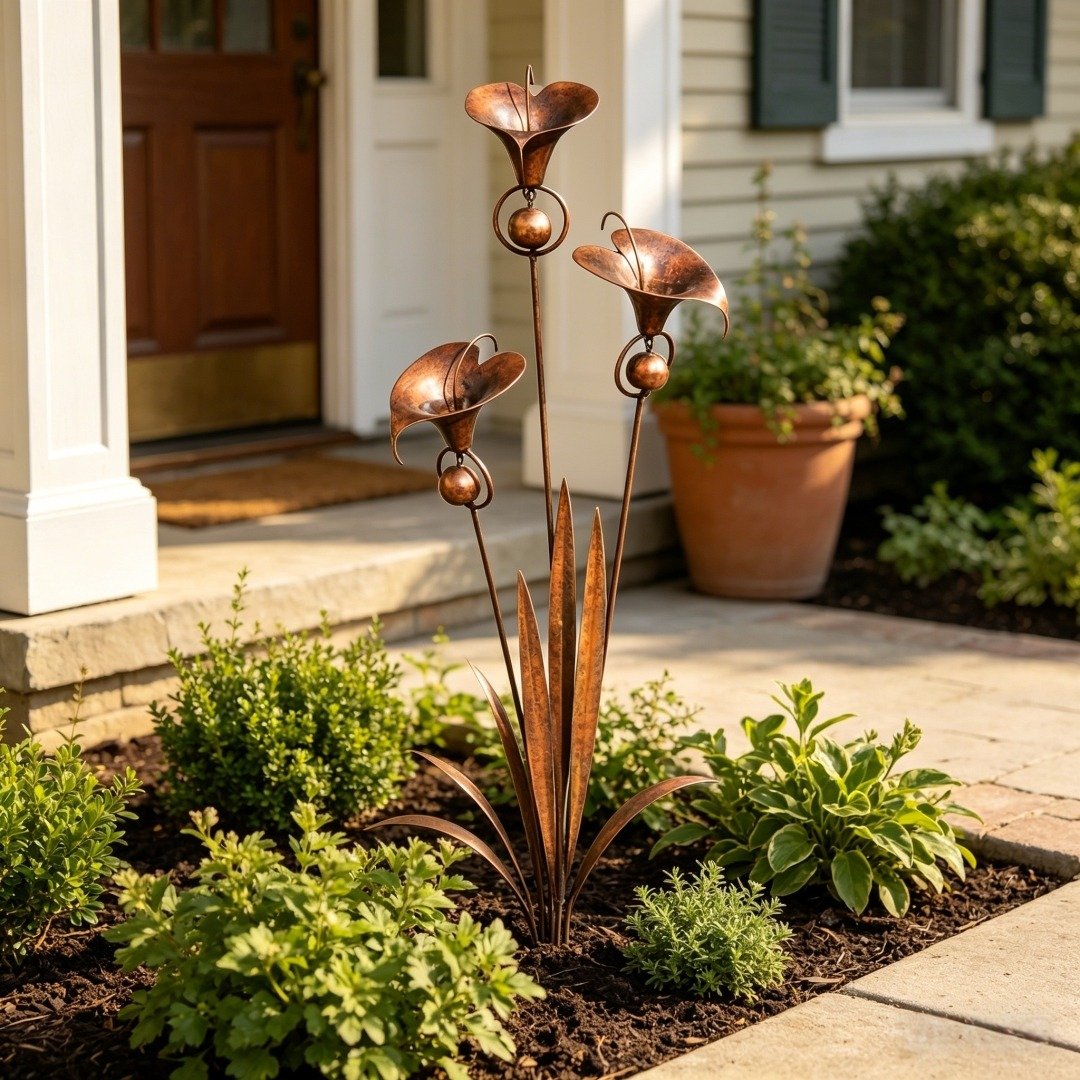 🌿Flamed Copper Three Calla Lilies Garden Stake with Bells