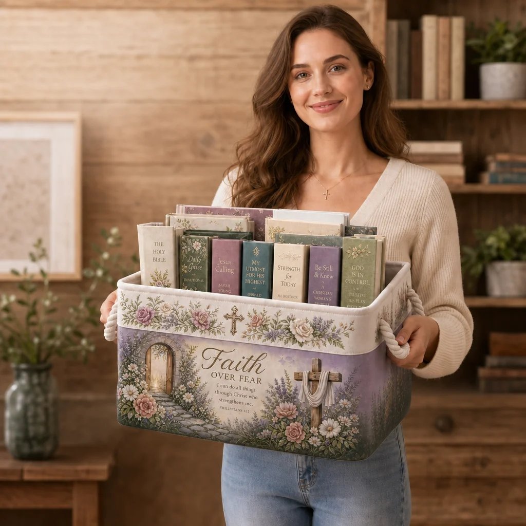 🔥 LAST DAY 49% OFF – ✝️ Christian Faith Inspirational Storage Basket | Spacious Foldable Fabric Organizer with Rope Handles & 3 Scripture Designs 🌿✨