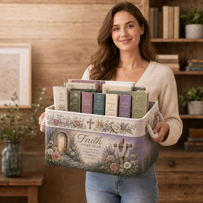 🔥 LAST DAY 49% OFF – ✝️ Christian Faith Inspirational Storage Basket | Spacious Foldable Fabric Organizer with Rope Handles & 3 Scripture Designs 🌿✨