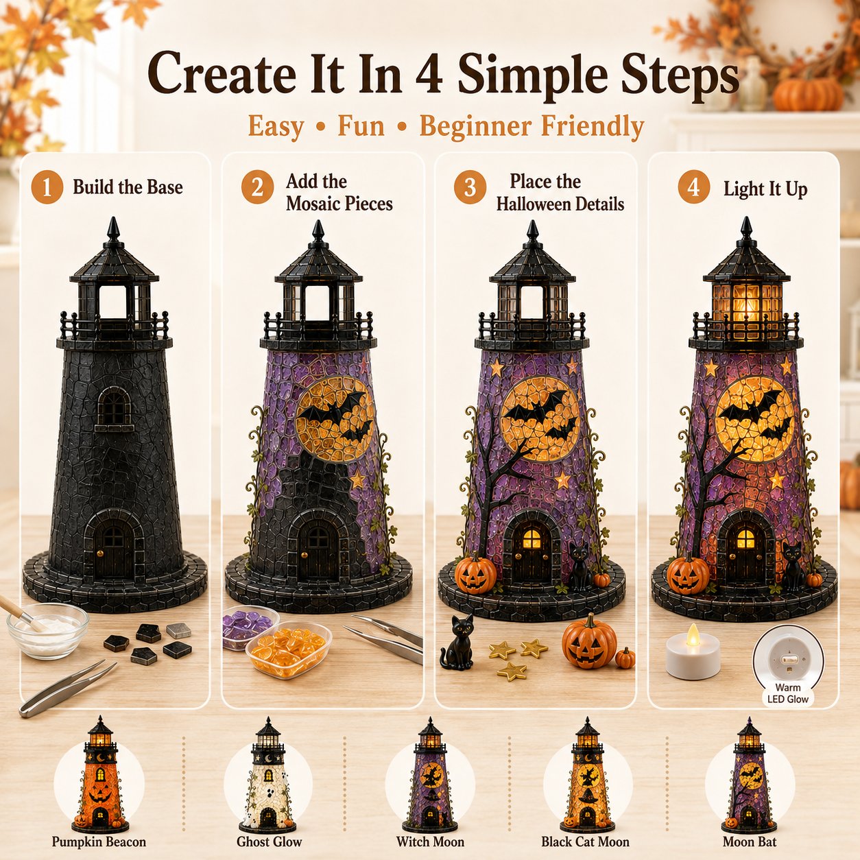 🎃 Beginner-Friendly Lighted Halloween Lighthouse DIY Kit – Sea Glass-Style Mosaic Collection