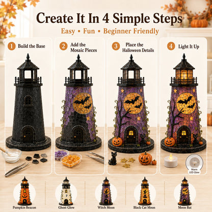 🎃 Beginner-Friendly Lighted Halloween Lighthouse DIY Kit – Sea Glass-Style Mosaic Collection