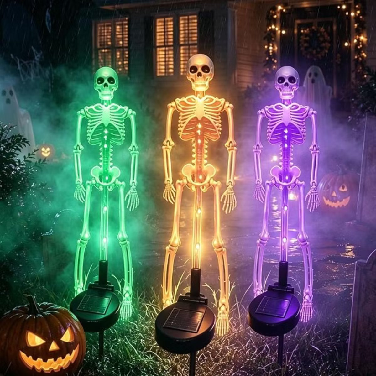 Solar skeleton ground stake lights in purple orange and green