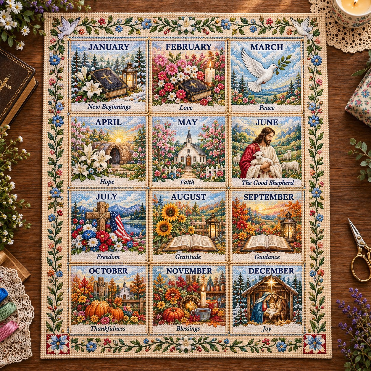 🧵 Beginner-Friendly 12-Month Seasonal Embroidery DIY Kit | 8 Theme Collections with Pre-Printed Fabric, Floss, Needles & Complete Stitching Guide Included 💕
