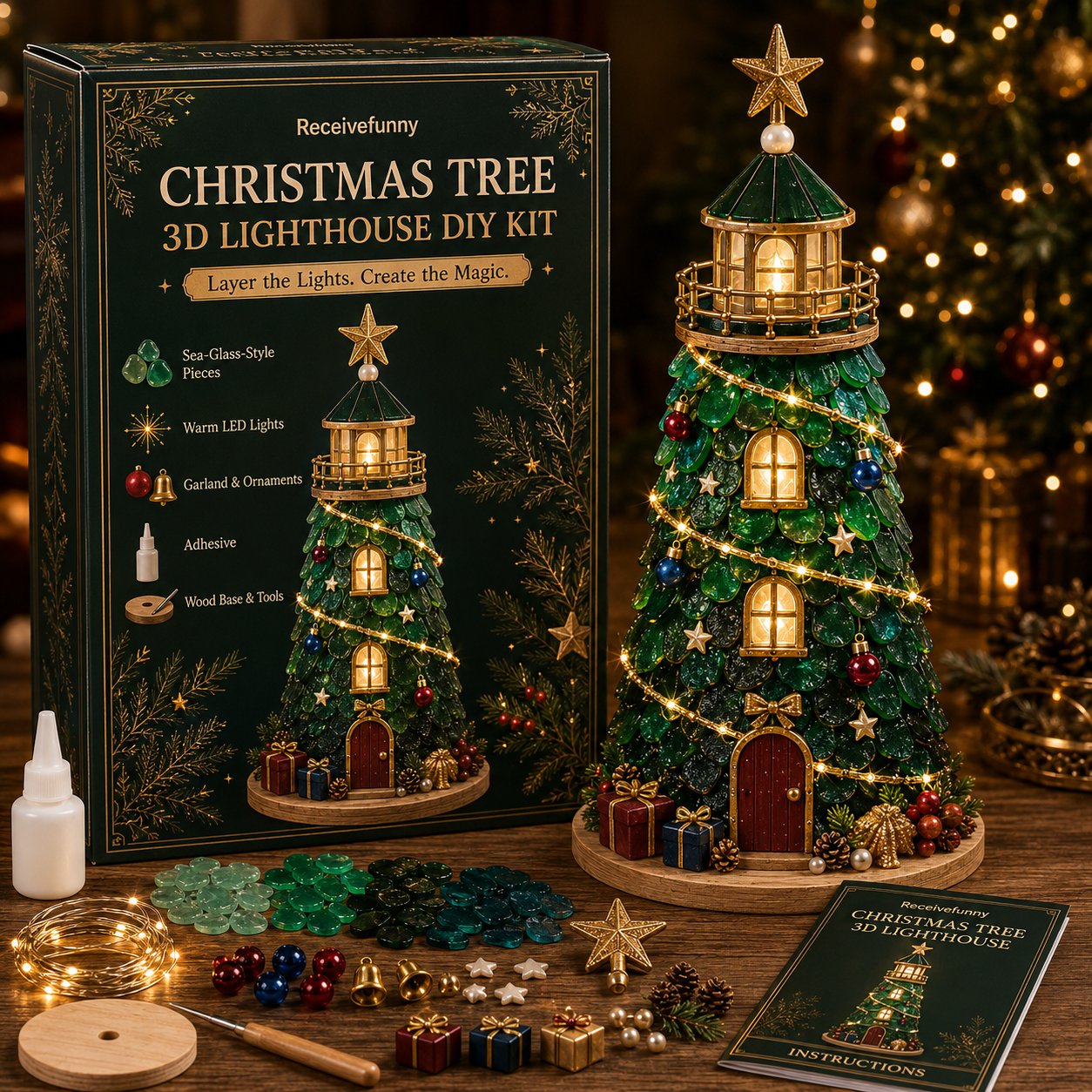🔥 LAST DAY 49% OFF –🎄 DIY Lighted Christmas Sea Glass-Style Lighthouse Kit ✨